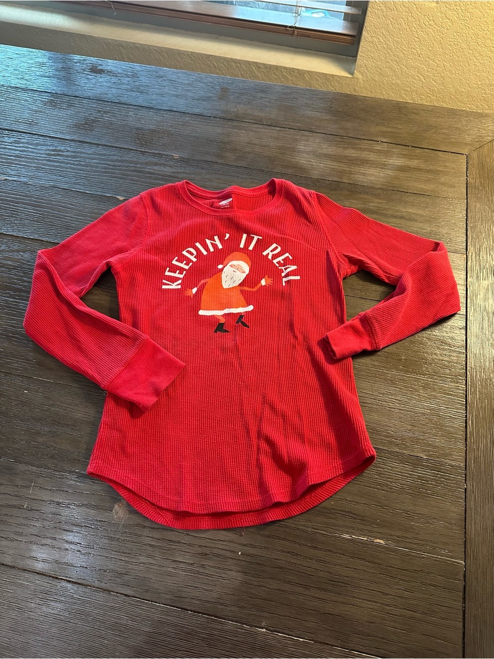 10/12 Old Navy Red Long-Sleeve Kids Holiday Waffle Top with Santa Graphic